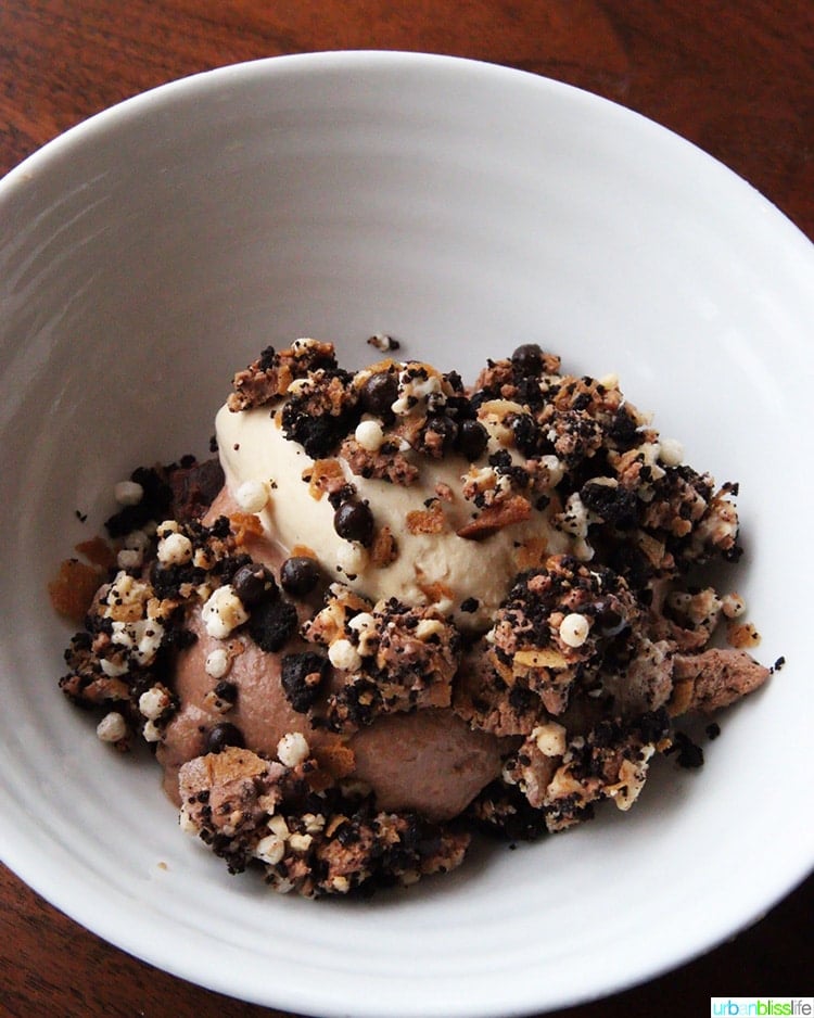 chocolate dessert at Manhatta restaurant in NYC