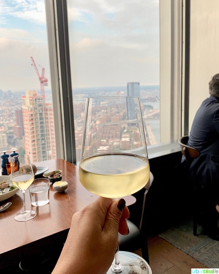 white wine New York City skyline view at Manhatta restaurant