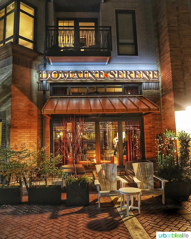 exterior of Domaine Serene Wine Lounge Lake Oswego at night