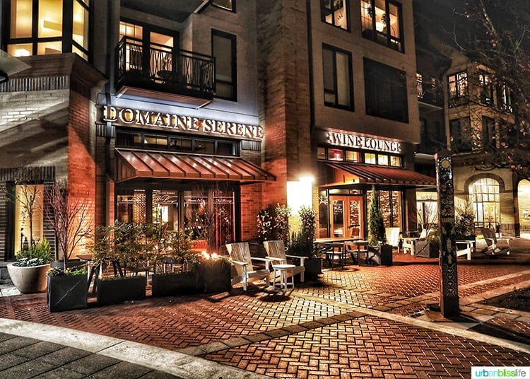 exterior of Domaine Serene Wine Lounge Lake Oswego at night