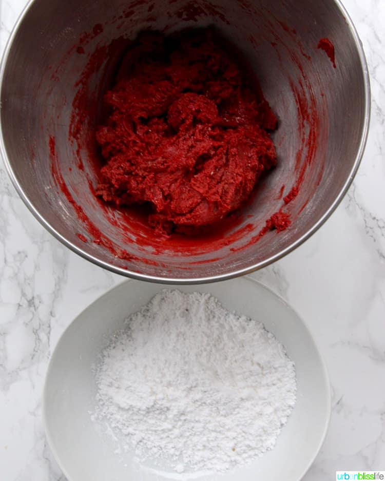 red velvet cookie dough and powdered sugar