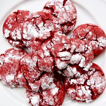 plate of red velvet crinkle cookies