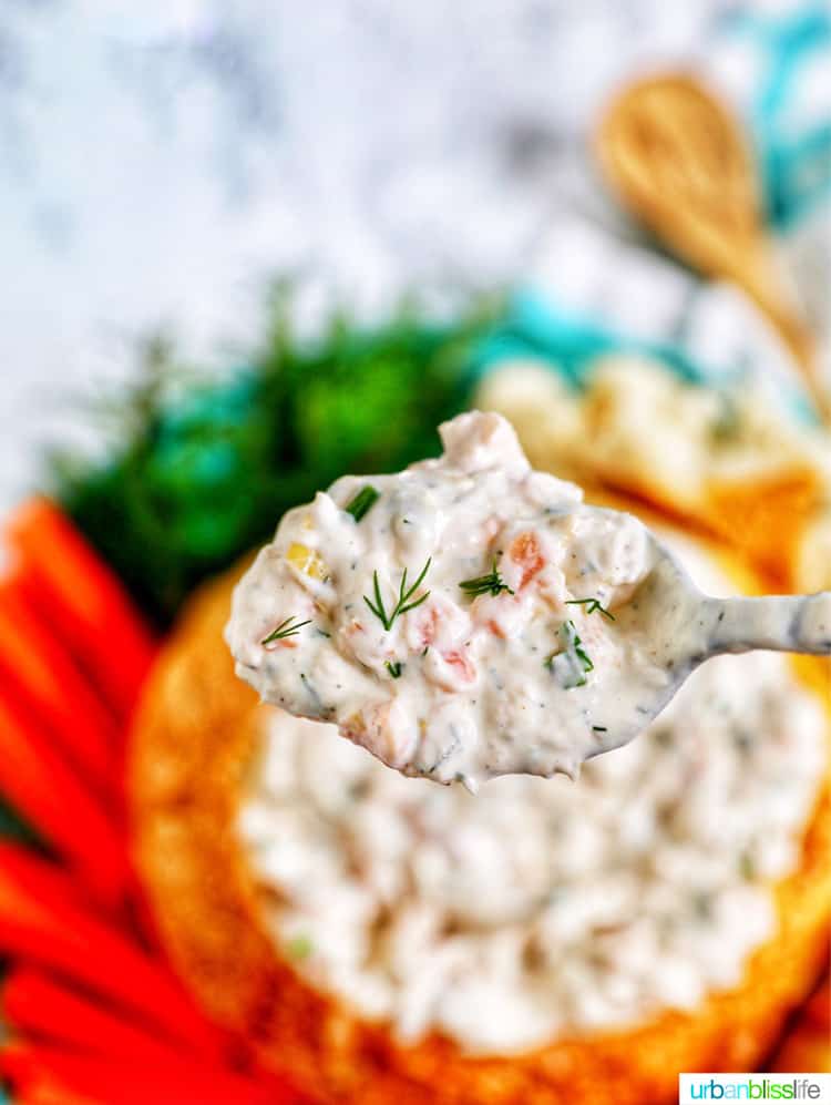 spoonful of smoked salmon artichoke dip.