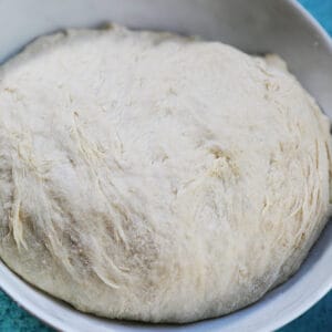 raw risen and proofed pizza dough in a white bowl.