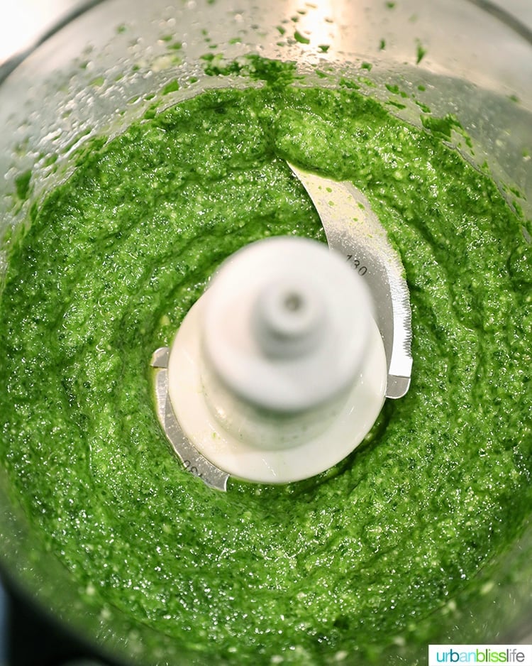 pesto sauce blended in a food processor.