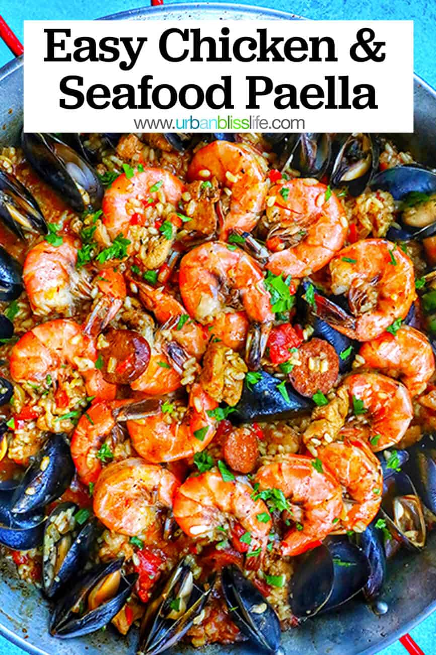 chicken chorizo shrimp mussels seafood pasta with title text