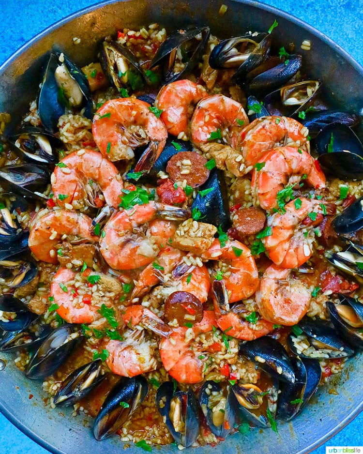 closeup of full pan of seafood paella