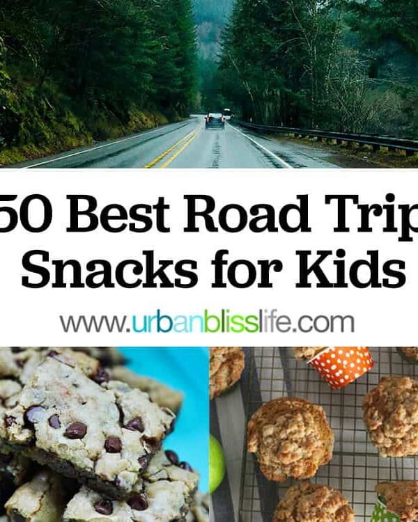 car driving through a forest, title text overlay, and images of chocolate chip snack bars and apple cinnamon muffins.