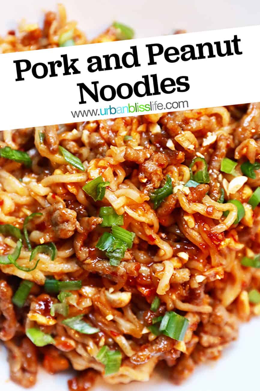 pork and peanut dragon noodles with text overlay