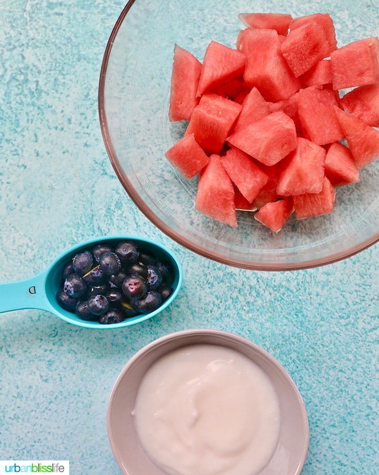 watermelon, blueberries, yogurt