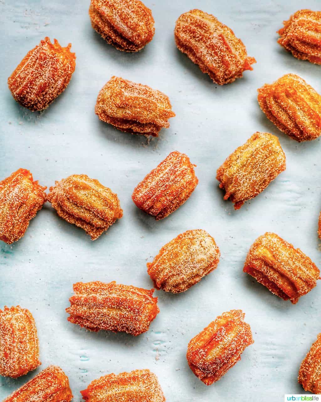 flatlay of churro bites sprinkled on a sheet