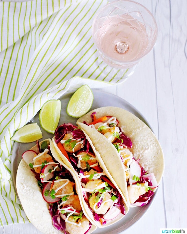three Shrimp Tacos with rose wine