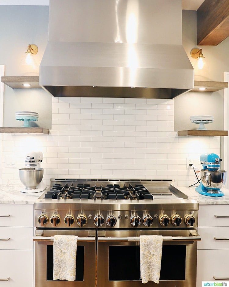 jennair range and custom hood floating shelves