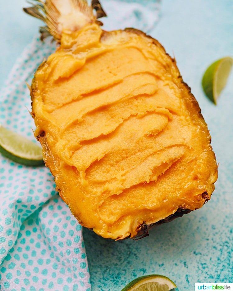 pineapple mango sorbet served in a hollowed out pineapple