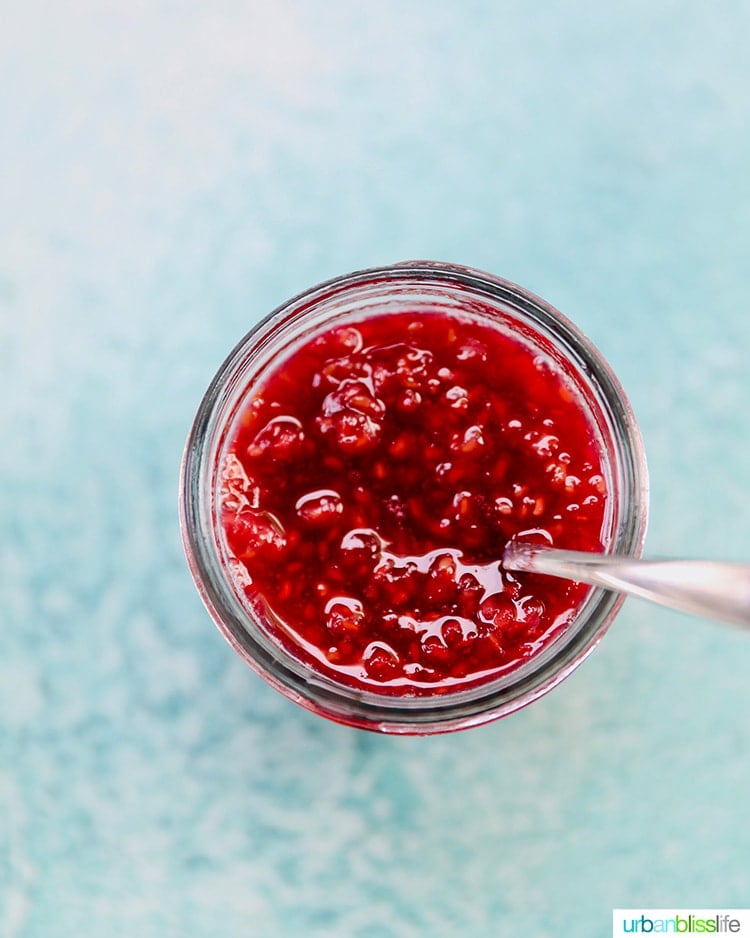 homemade raspberry jam in a jar