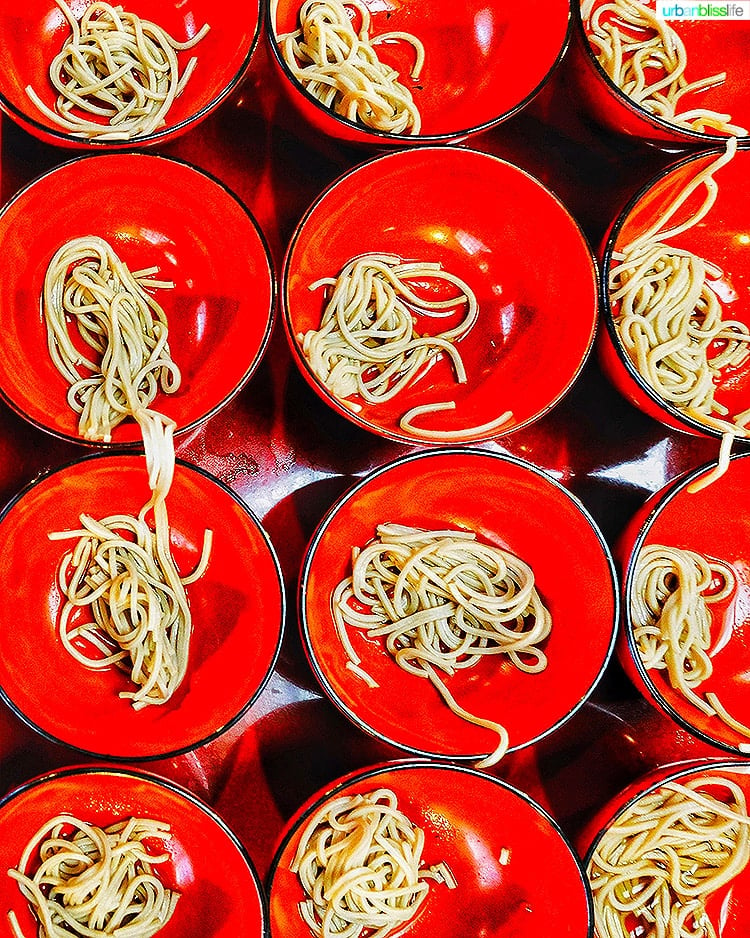 tray of bowls for wanko soba challenge 