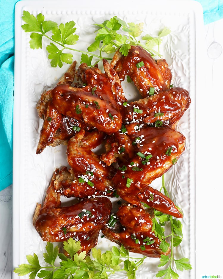 air fryer teriyaki chicken wings on a white platter