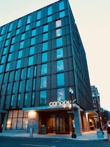 outside of Canopy Hilton, a Pearl District Portland Hotel