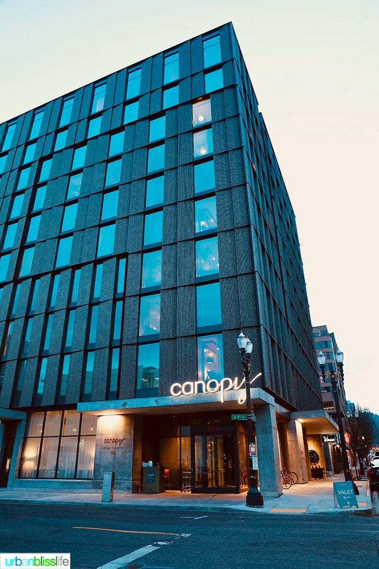 outside of Canopy Hilton, a Pearl District Portland Hotel