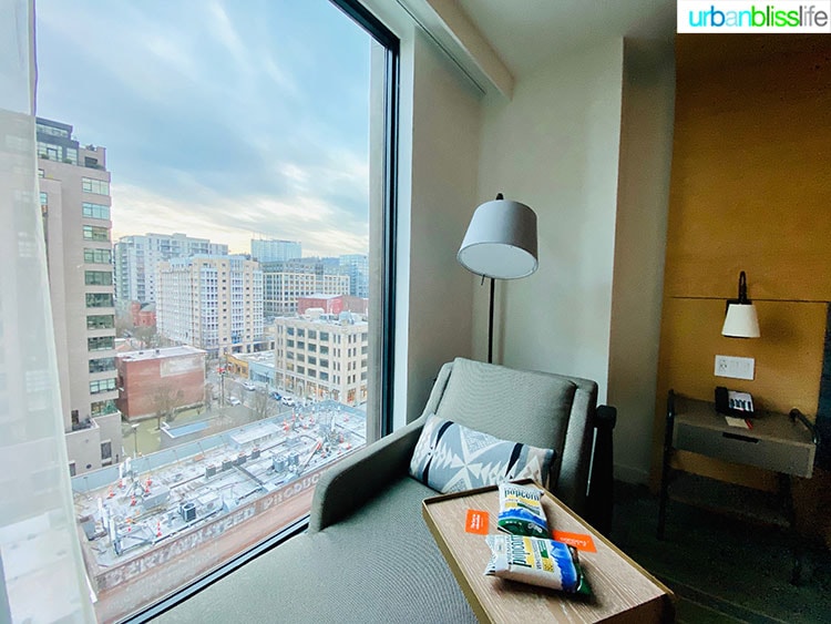window seat view in guestroom of Canopy Hilton, a Pearl District Portland Hotel