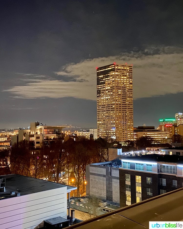 night view of Portland from Canopy Hilton, a Pearl District Portland Hotel