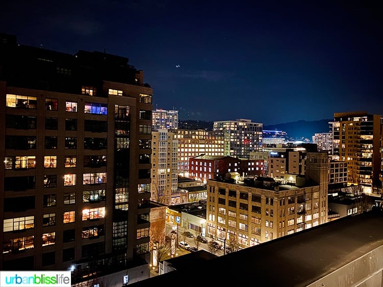 night view of Portland from Canopy Hilton, a Pearl District Portland Hotel