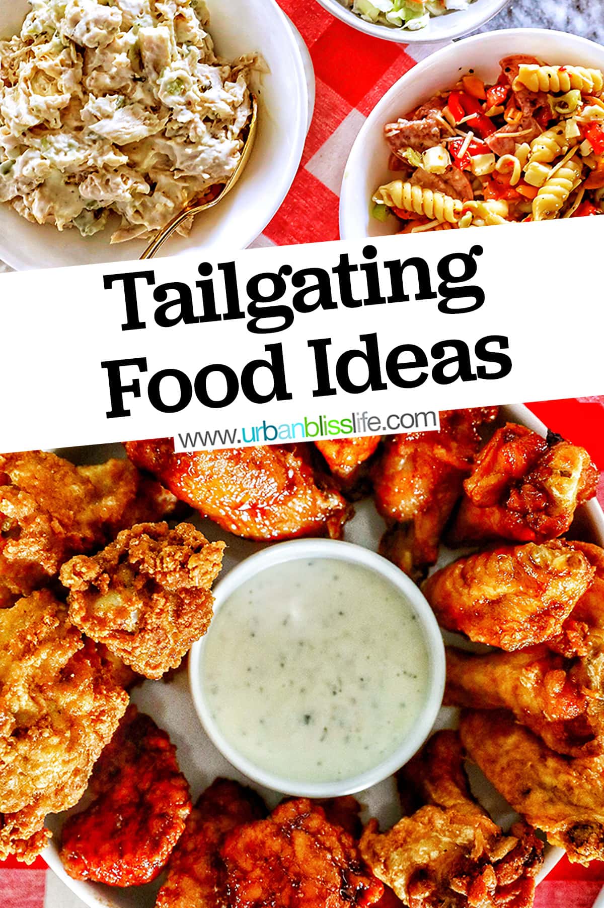 tailgating food - wings, pasta salad - against red and white checkered tablecloth with text overlay