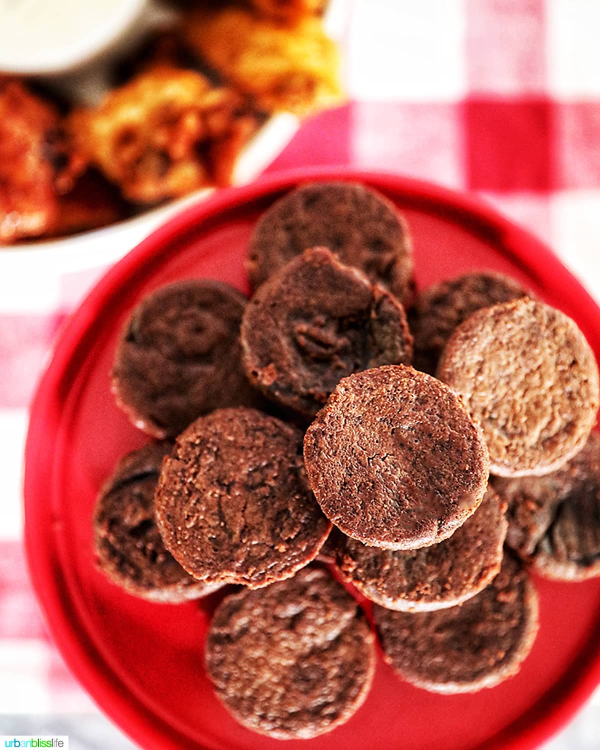 brownie bites on red plate 