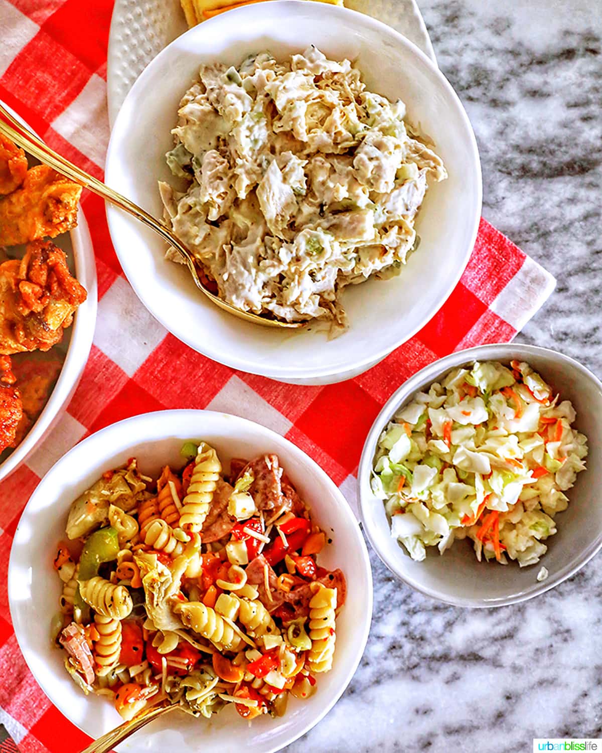 chicken salad, pasta salad, coleslaw in bowls against red and white checkered tablecloth