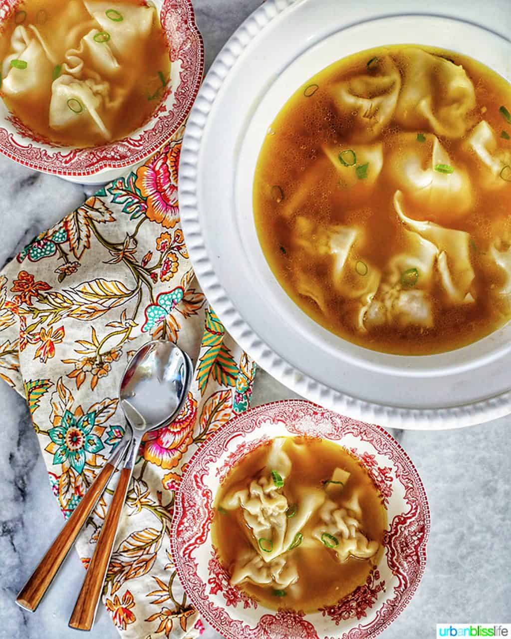 wonton noodle soup in bowls with spoons