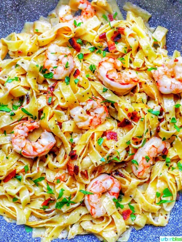 full photo of bacon shrimp pasta in pan