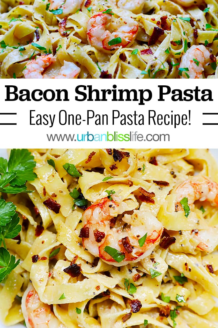 Two photos of shrimp and bacon pasta with title text overlay