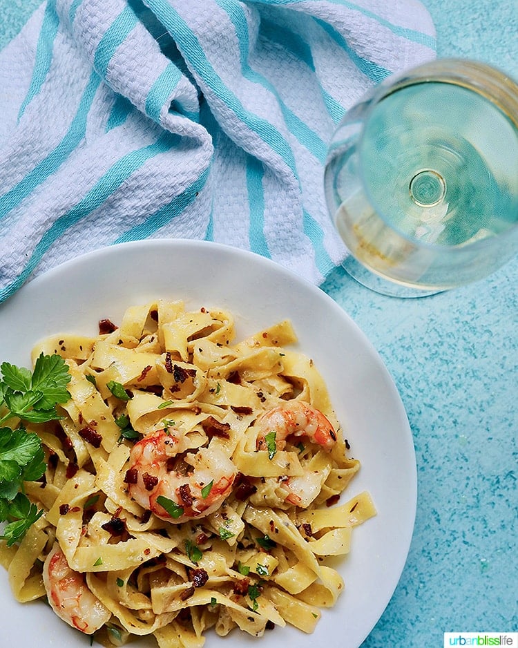 One-Pan Bacon Shrimp Pasta with white wine