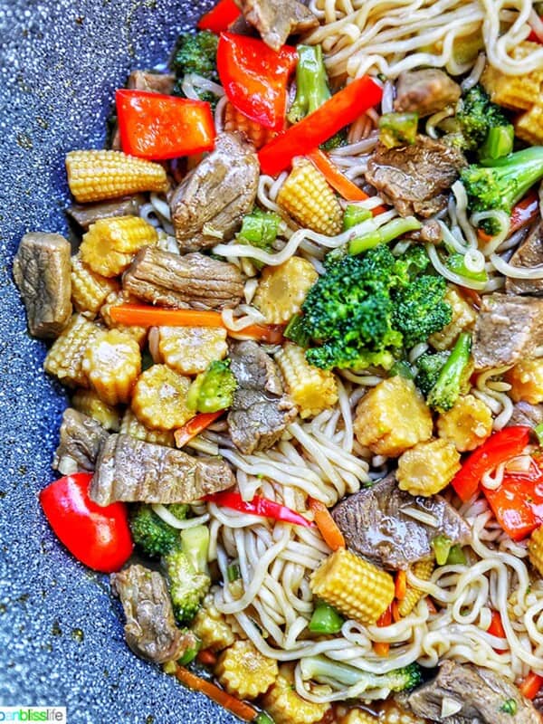 half side of beef lo mein in pan
