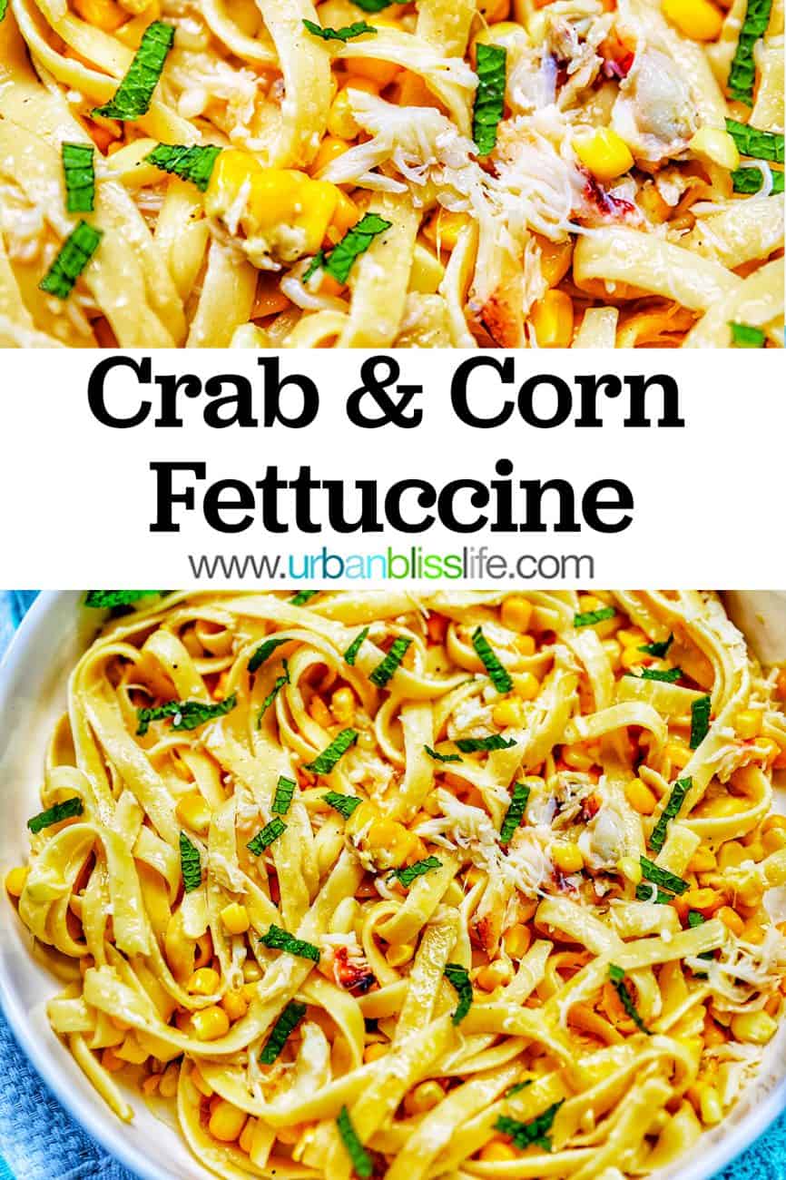 two photos of crab pasta with text overlay