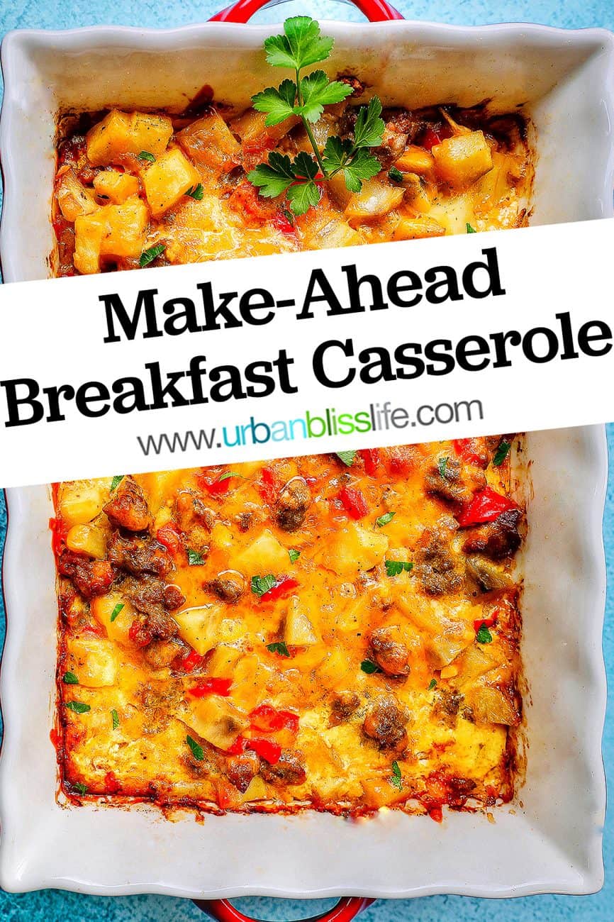 pan of cheesy breakfast casserole with title text overlay