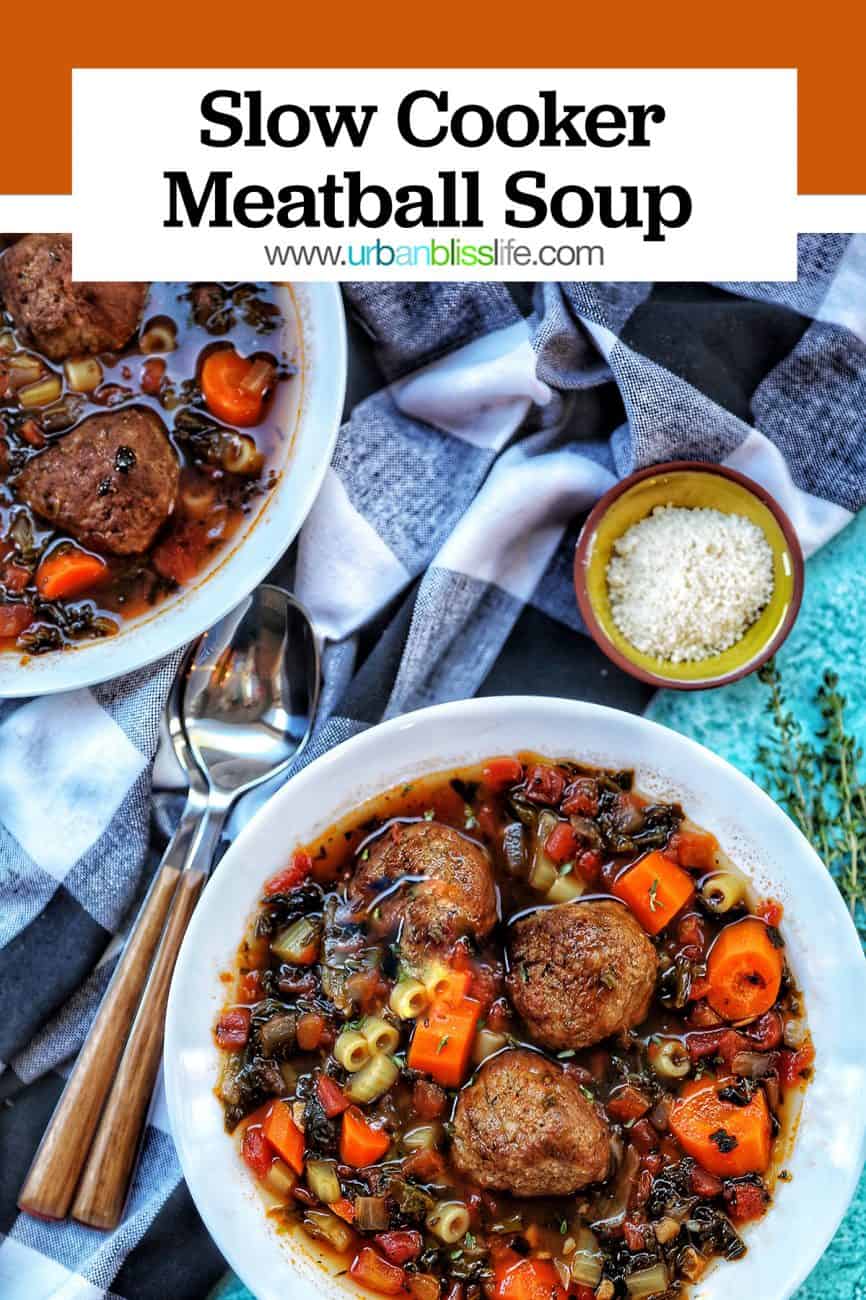 two bowls of slow cooker meatball soup with title text overlay