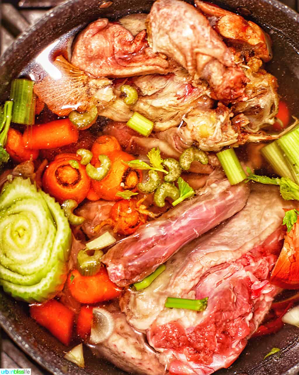 vegetable scraps and turkey bones for making homemade turkey stock