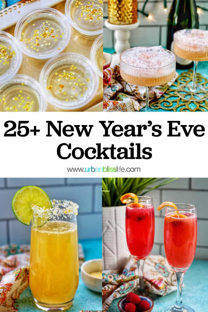 four celebratory cocktails to ring in the new year, with title text overlay.