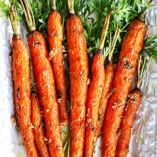 plate of garlic rosemary roasted glazed carrots