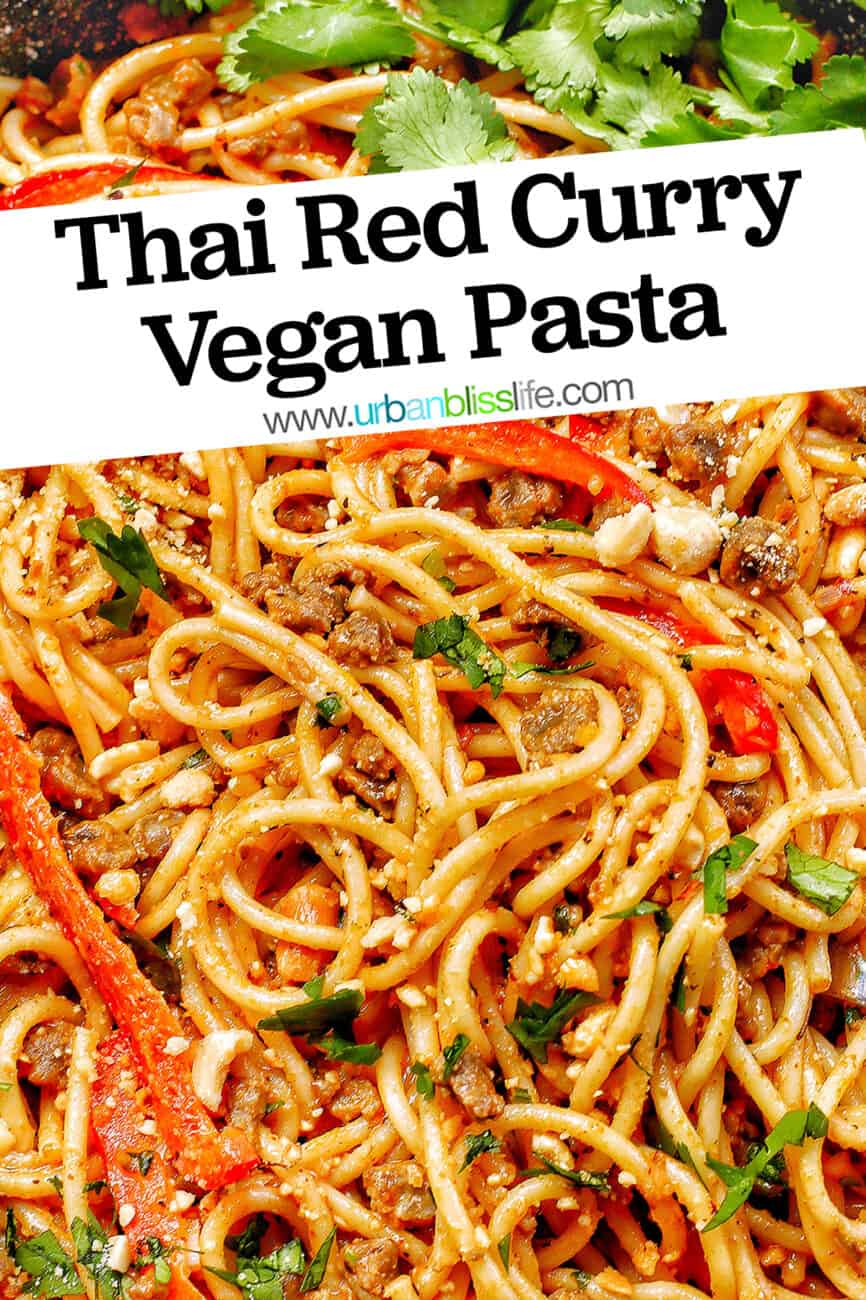 closeup of Thai Red Curry Pasta with title text