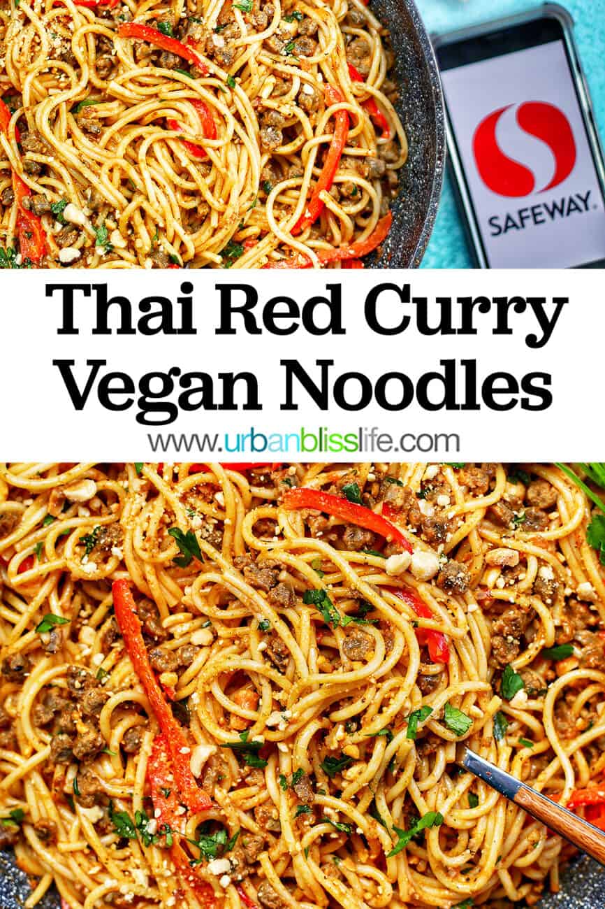 two photos of Thai Red Curry Vegan Noodles with title text and Safeway logo
