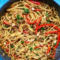 full skillet of vegan Thai Red Curry Pasta