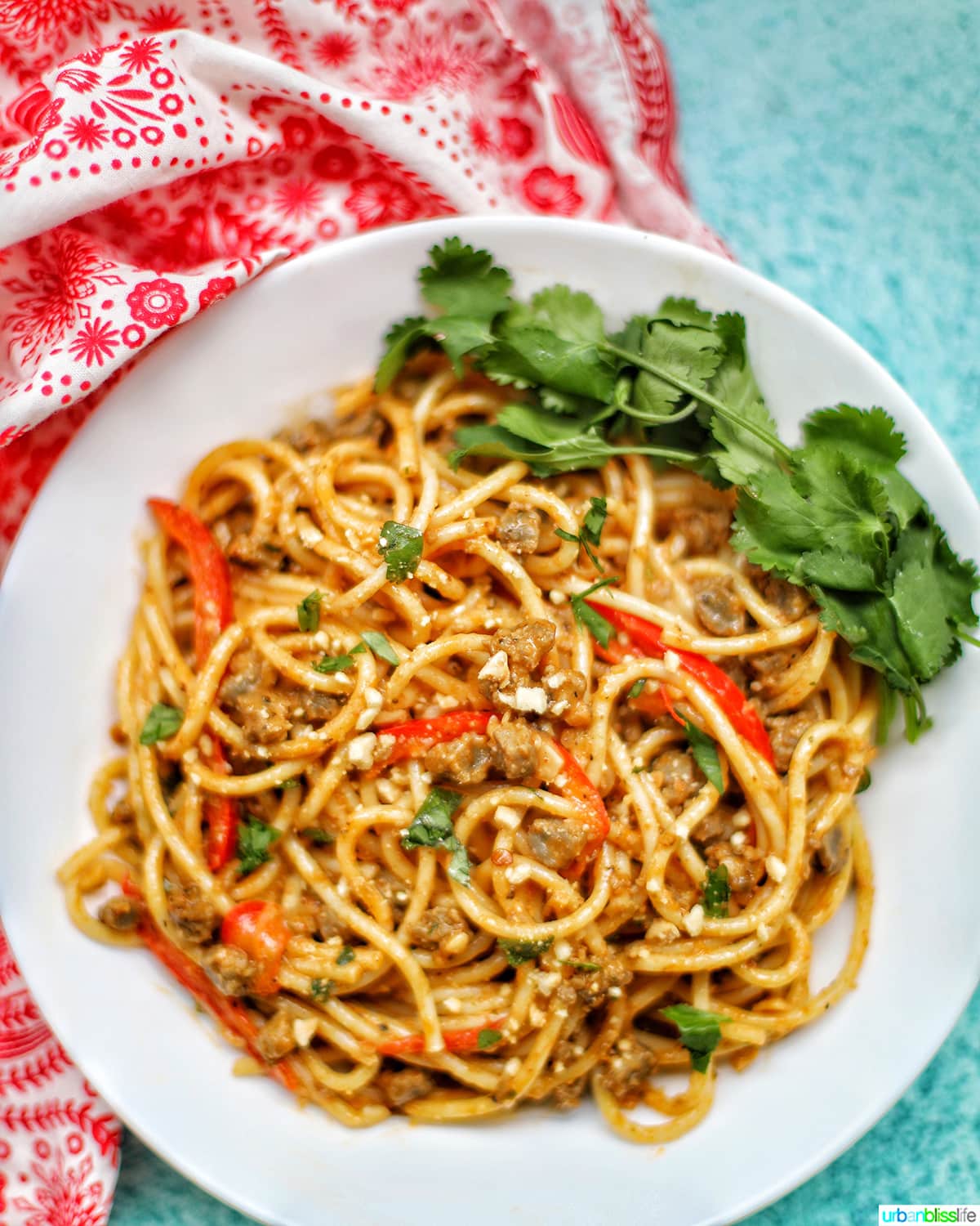 red curry pasta in white bowl