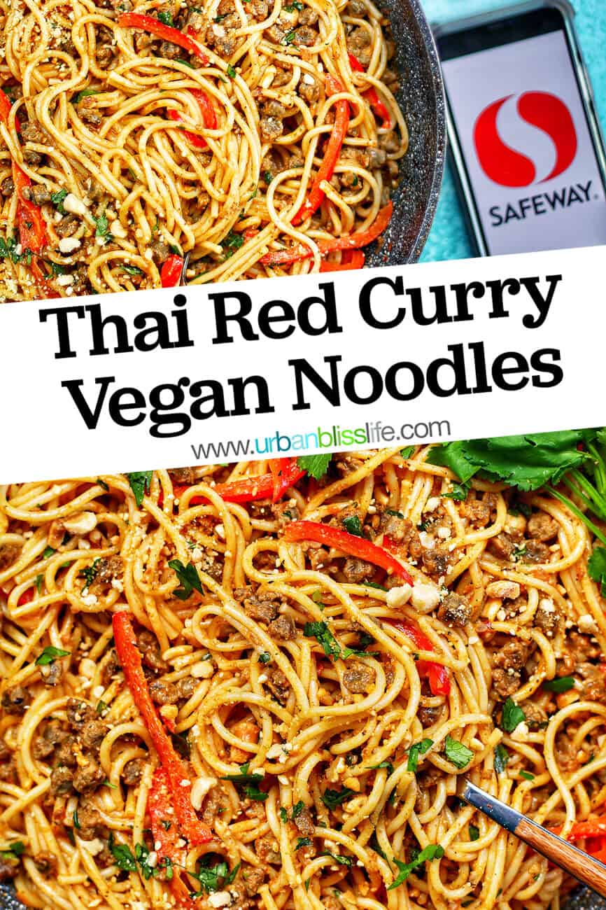 Thai Red Curry Vegan Pasta with safeway logo and title text angled
