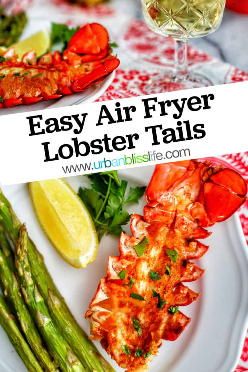 Air Fryer Lobster Tails with asparagus, wine, and title text