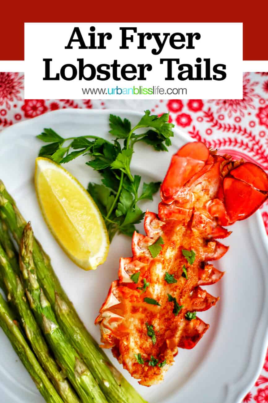Air Fryer Lobster Tails with asparagus, wine, and title text