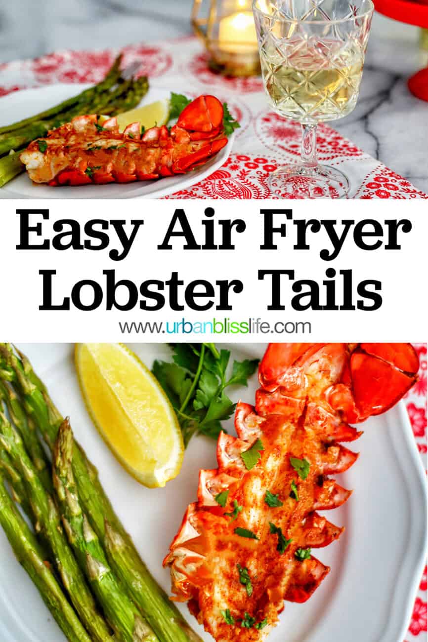 Air Fryer Lobster Tails with asparagus, wine, and title text