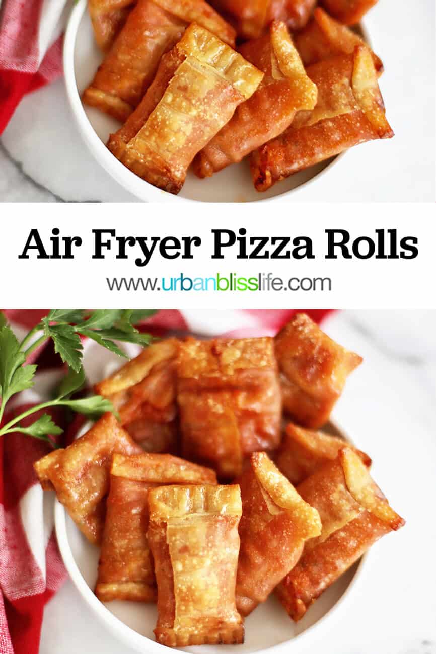 Air Fryer Pizza Rolls in a bowl with title text