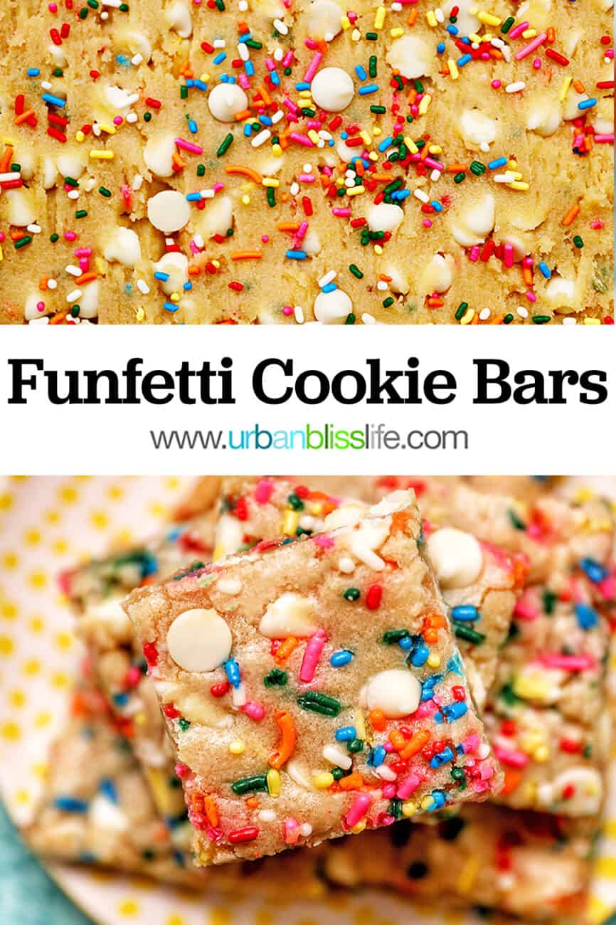 funfetti cookie bars with title text